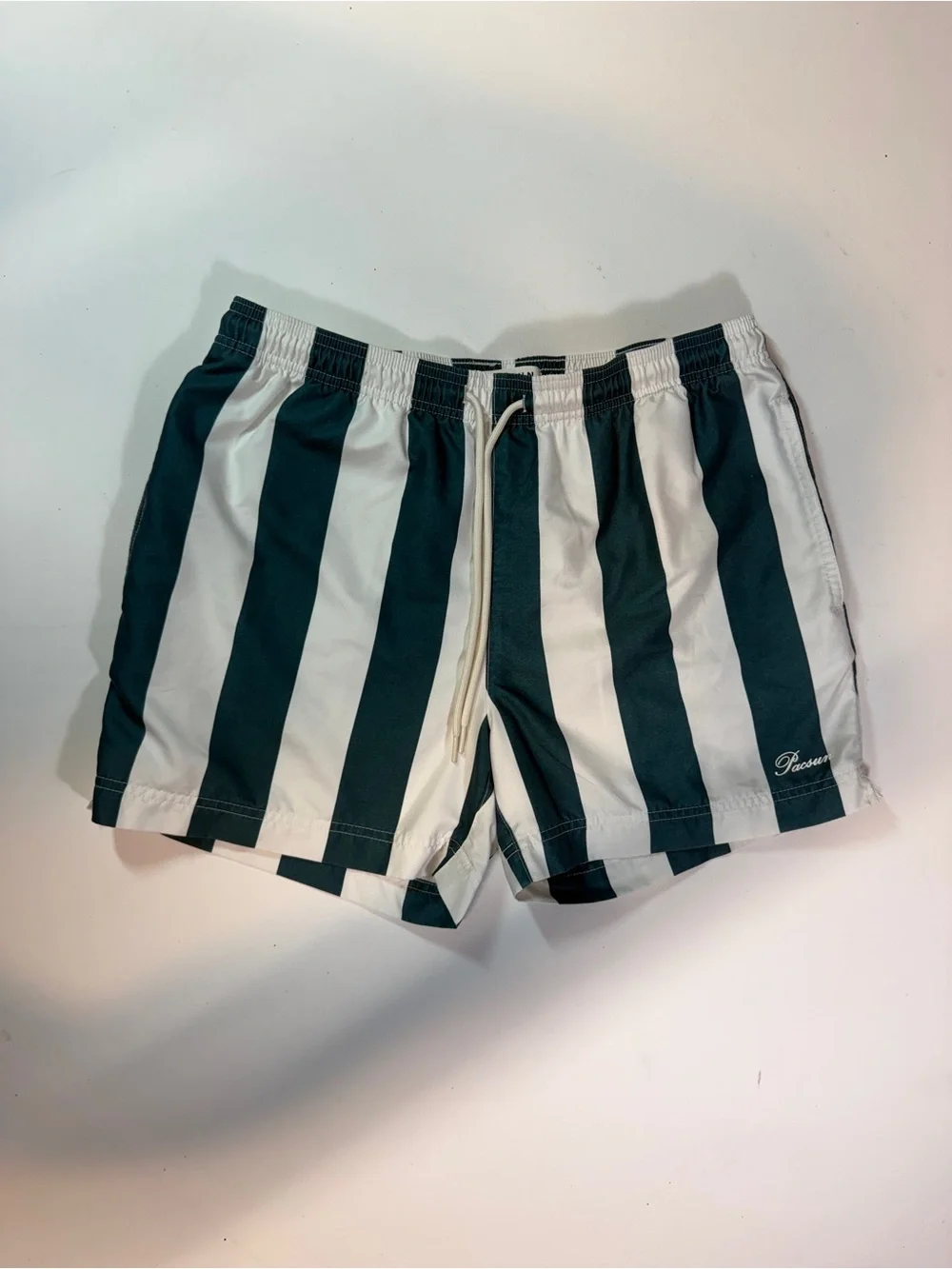 Green and White Vertical Stripe Swim Shorts